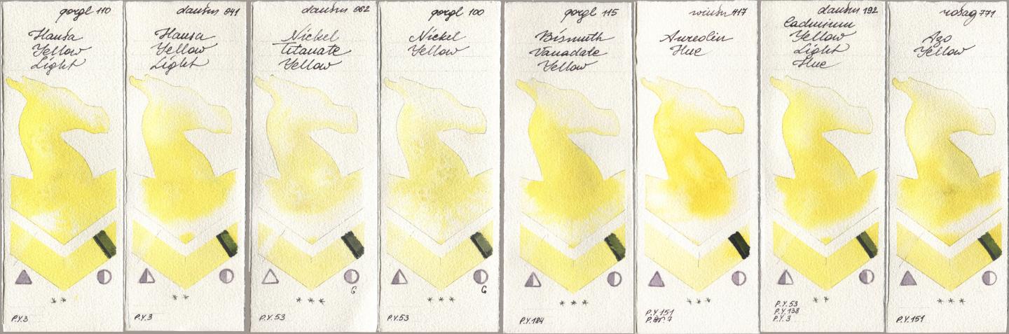 Golden QOR 110 Hansa Yellow Light, Daniel Smith 041 Hansa Yellow Light, 062 Nickel Titanate Yellow, 100 Nickel Yellow, 115 Bismuth Vanadate Yellow, Winsor & Newton Professional 417 Aureolin Hue, 192 Cadmium Yellow Light Hue, Rosa Gallery 771 Azo Yell watercolor swatch