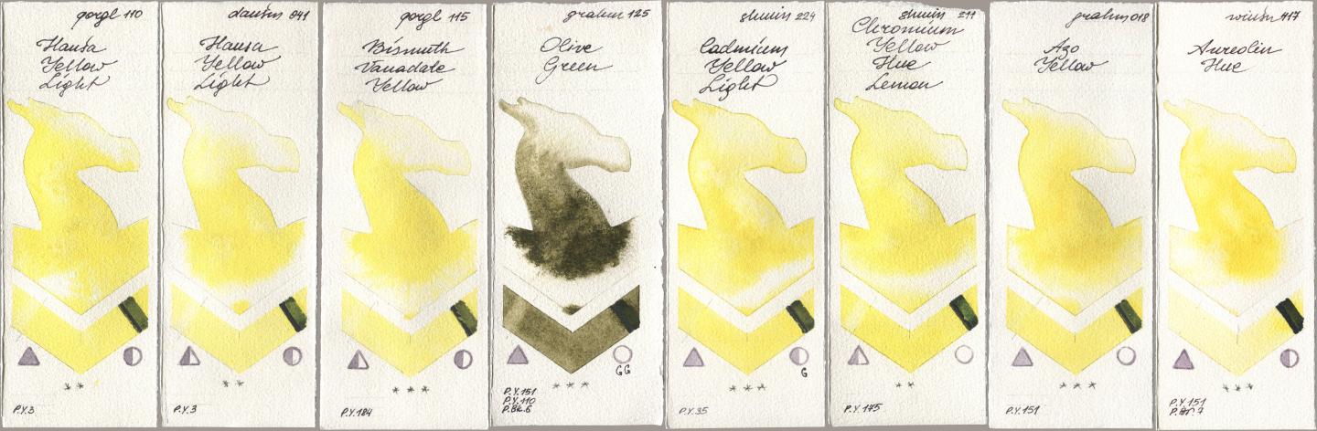 Golden QOR 110 Hansa Yellow Light, Daniel Smith 041 Hansa Yellow Light, 115 Bismuth Vanadate Yellow, M. Graham & Co. Artists 125 Olive Green, Shminke Horadam Aquarell 224 Cadmium Yellow Light, 211 Chromium Yellow Hue Lemon, 018 Azo Yellow, Winsor & Newton Professional 417 Aureolin H watercolor swatch