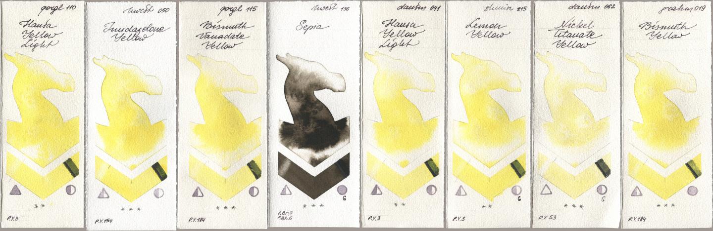 Golden QOR 110 Hansa Yellow Light, Holbein Artists Watercolor 050 Imidazolone Yellow, 115 Bismuth Vanadate Yellow, 136 Sepia, Daniel Smith 041 Hansa Yellow Light, Shminke Horadam Aquarell 215 Lemon Yellow, 062 Nickel Titanate Yellow, M. Graham & Co. Artists 019 Bismuth Yell watercolor swatch