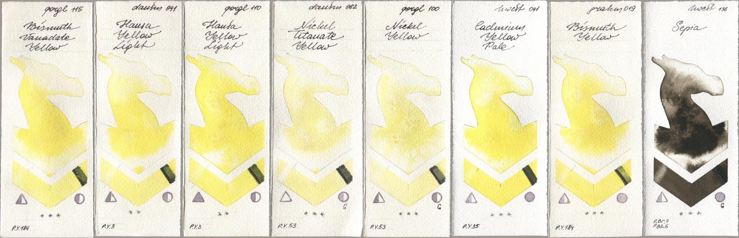 Golden QOR 115 Bismuth Vanadate Yellow, Daniel Smith 041 Hansa Yellow Light, 110 Hansa Yellow Light, 062 Nickel Titanate Yellow, 100 Nickel Yellow, Holbein Artists Watercolor 041 Cadmium Yellow Pale, M. Graham & Co. Artists 019 Bismuth Yellow, 136 Sep watercolor swatch