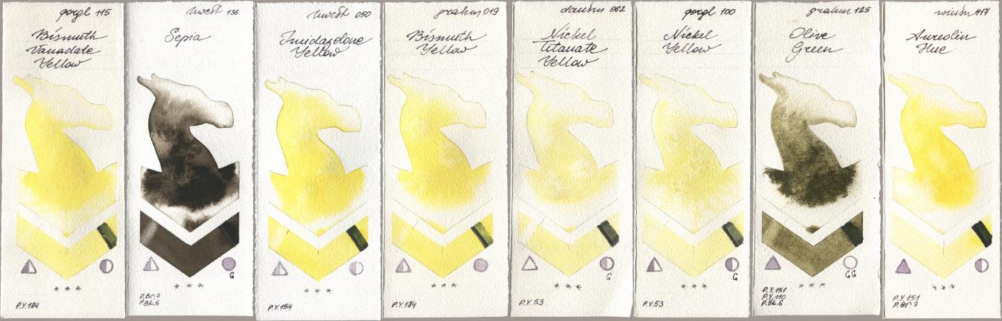 Golden QOR 115 Bismuth Vanadate Yellow, Holbein Artists Watercolor 136 Sepia, 050 Imidazolone Yellow, M. Graham & Co. Artists 019 Bismuth Yellow, Daniel Smith 062 Nickel Titanate Yellow, 100 Nickel Yellow, 125 Olive Green, Winsor & Newton Professional 417 Aureolin H watercolor swatch