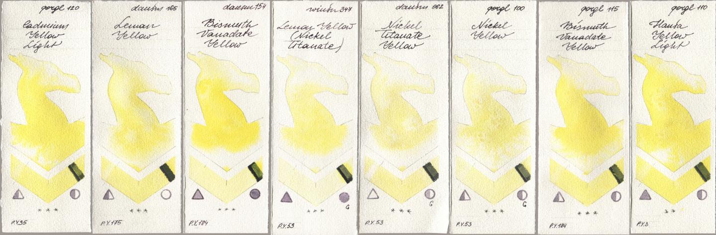 Golden QOR 120 Cadmium Yellow Light, Daniel Smith 165 Lemon Yellow, 154 Bismuth Vanadate Yellow, Winsor & Newton Professional 347 Lemon Yellow (Nickel Titanate), 062 Nickel Titanate Yellow, 100 Nickel Yellow, 115 Bismuth Vanadate Yellow, 110 Hansa Yellow Lig watercolor swatch