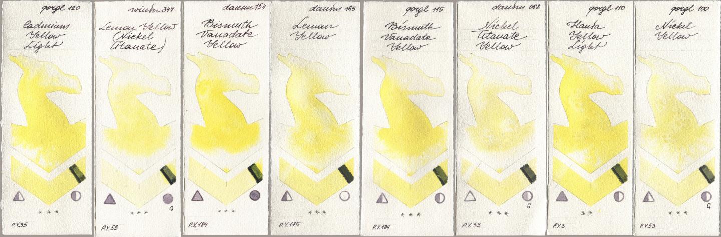 Golden QOR 120 Cadmium Yellow Light, Winsor & Newton Professional 347 Lemon Yellow (Nickel Titanate), Daniel Smith 154 Bismuth Vanadate Yellow, 165 Lemon Yellow, 115 Bismuth Vanadate Yellow, 062 Nickel Titanate Yellow, 110 Hansa Yellow Light, 100 Nickel Yell watercolor swatch