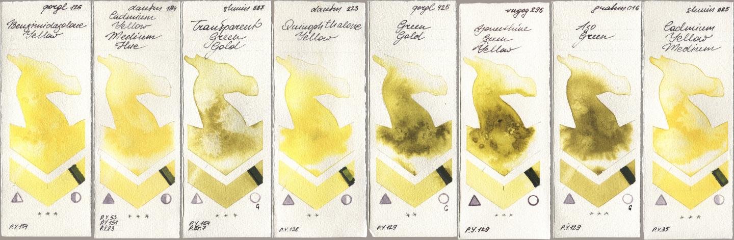 Golden QOR 126 Benzimidazolone Yellow, Daniel Smith 184 Cadmium Yellow Medium Hue, Shminke Horadam Aquarell 537 Transparent Green Gold, 223 Quinophthalone Yellow, 425 Green Gold, Royal Talens Van Gogh Watercolour 296 Azomethine Green Yellow, M. Graham & Co. Artists 016 Azo Green, 225 Cadmium Yellow Medi watercolor swatch