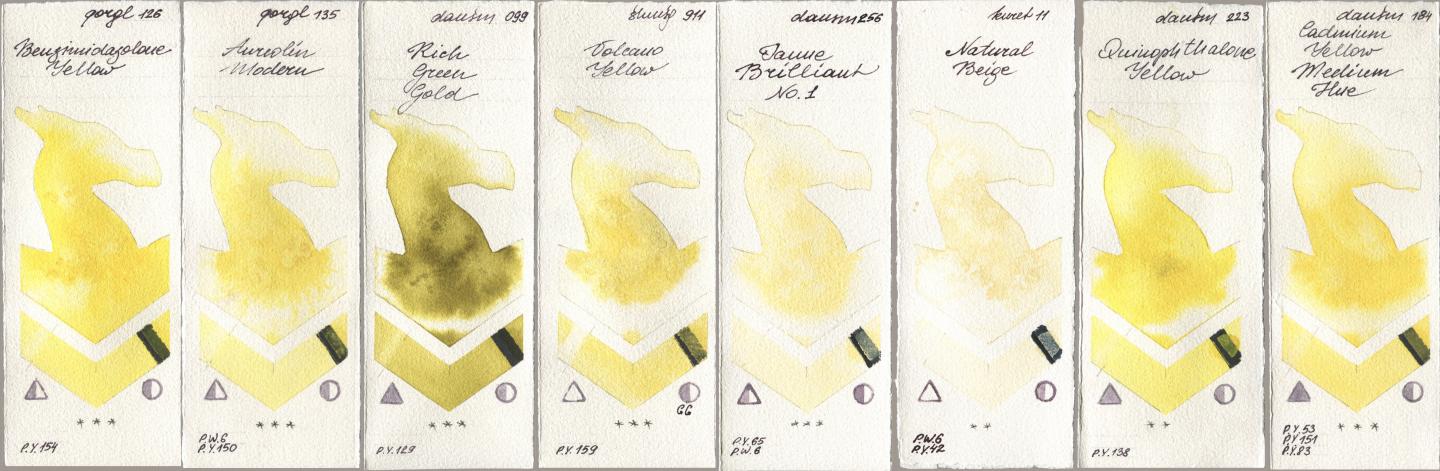 Golden QOR 126 Benzimidazolone Yellow, 135 Aureolin Modern, Daniel Smith 099 Rich Green Gold, Shminke Horadam Aquarell 911 Volcano Yellow, 256 Jaune Brilliant No 1, Kuretake Gansai Tambi 011 Natural Beige, 223 Quinophthalone Yellow, 184 Cadmium Yellow Medium H watercolor swatch