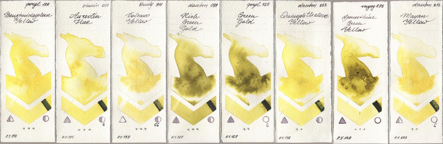 Golden QOR 126 Benzimidazolone Yellow, Shminke Horadam Aquarell 208 Aureolin Hue, 911 Volcano Yellow, Daniel Smith 099 Rich Green Gold, 425 Green Gold, 223 Quinophthalone Yellow, Royal Talens Van Gogh Watercolour 296 Azomethine Green Yellow, 212 Mayan Yell watercolor swatch