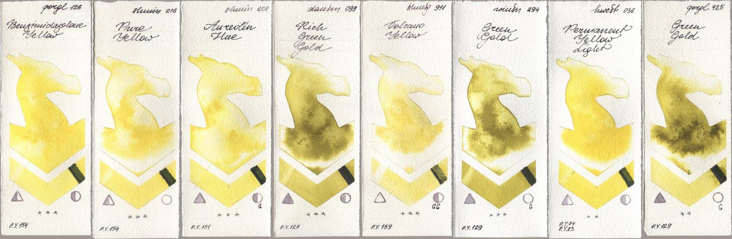 Golden QOR 126 Benzimidazolone Yellow, Shminke Horadam Aquarell 216 Pure Yellow, 208 Aureolin Hue, Daniel Smith 099 Rich Green Gold, 911 Volcano Yellow, Winsor & Newton Professional 294 Green Gold, Holbein Artists Watercolor 036 Permanent Yellow Light, 425 Green Go watercolor swatch