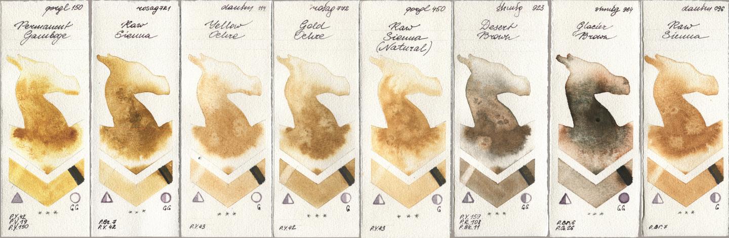 Golden QOR 150 Permanent Gamboge, Rosa Gallery 721 Raw Sienna, Daniel Smith 114 Yellow Ochre, 772 Gold Ochre, 450 Raw Sienna (Natural), Shminke Horadam Aquarell 923 Desert Brown, 964 Glacier Brown, 096 Raw Sien watercolor swatch