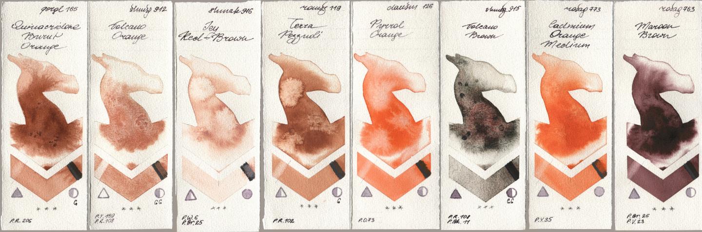 Golden QOR 165 Quinacridone Burnt Orange, Shminke Horadam Aquarell 912 Volcano Orange, Shminke Akademie Aquarell 916 Icy Red-Brown, Roman Szmal Aquarius 119 Terra Pozzuoli, Daniel Smith 126 Pyrrol Orange, 915 Volcano Brown, Rosa Gallery 773 Cadmium Orange Medium, 763 Maroon Bro watercolor swatch
