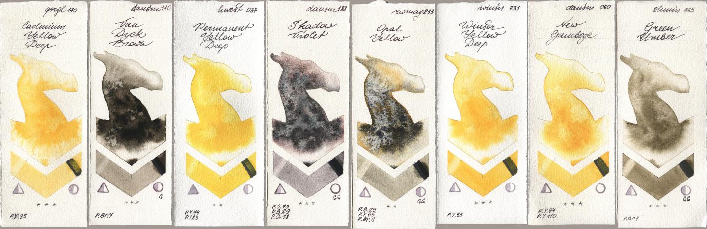 Golden QOR 170 Cadmium Yellow Deep, Daniel Smith 110 Van Dyck Brown, Holbein Artists Watercolor 037 Permanent Yellow Deep, 188 Shadow Violet, Rockwell 233 Opal Yellow, Winsor & Newton Professional 731 Winsor Yellow Deep, 060 New Gamboge, Shminke Horadam Aquarell 665 Green Umb watercolor swatch