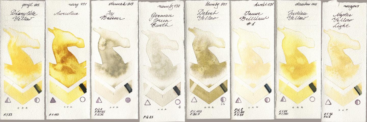 Golden QOR 175 Diarylide Yellow, Rosa Gallery 751 Aureoline, Shminke Akademie Aquarell 917 Icy Brown, Roman Szmal Aquarius 138 German Green Earth, Shminke Horadam Aquarell 921 Desert Yellow, Holbein Artists Watercolor 031 Jaune Brilliant No 1, Daniel Smith 045 Indian Yellow, 745 Naples Yellow Lig watercolor swatch