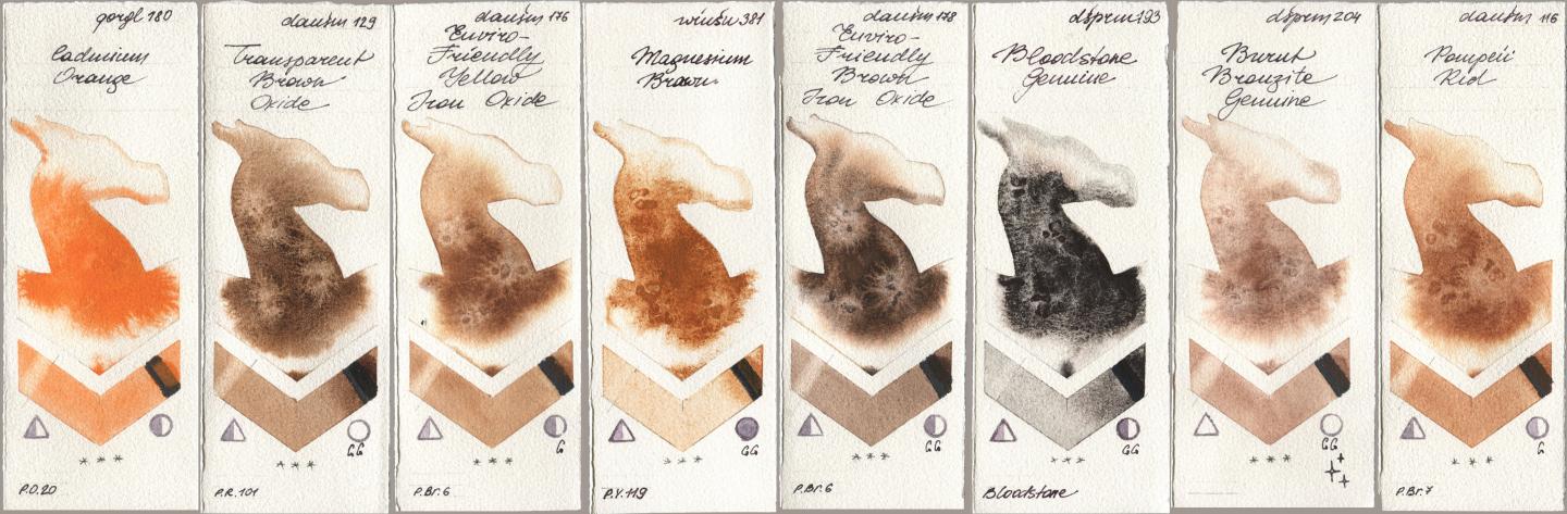 Golden QOR 180 Cadmium Orange, Daniel Smith 129 Transparent Brown Oxide, 176 Enviro-Friendly Yellow Iron Oxide, Winsor & Newton Professional 381 Magnesuim Brown, 178 Enviro-Friendly Brown Iron Oxide, 193 Bloodstone Genuine, 204 Burnt Bronzite Genuine, 116 Pompeii R watercolor swatch