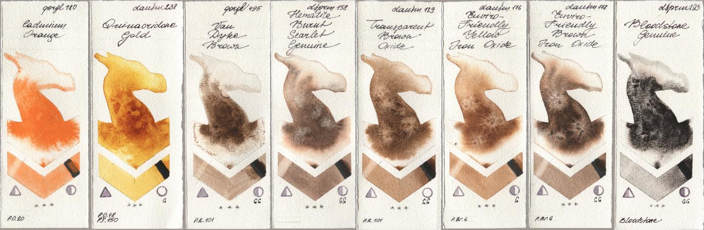 Golden QOR 180 Cadmium Orange, Daniel Smith 238 Quinacridone Gold, 495 Van Dyke Brown, 158 Hematite Burnt Scarlet Genuine, 129 Transparent Brown Oxide, 176 Enviro-Friendly Yellow Iron Oxide, 178 Enviro-Friendly Brown Iron Oxide, 193 Bloodstone Genui watercolor swatch