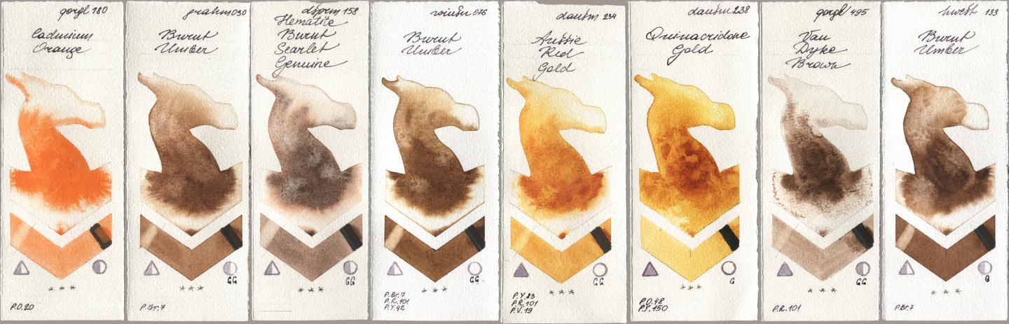 Golden QOR 180 Cadmium Orange, M. Graham & Co. Artists 030 Burnt Umber, Daniel Smith 158 Hematite Burnt Scarlet Genuine, Winsor & Newton Professional 076 Burnt Umber, 234 Aussie Red Gold, 238 Quinacridone Gold, 495 Van Dyke Brown, Holbein Artists Watercolor 133 Burnt Umb watercolor swatch