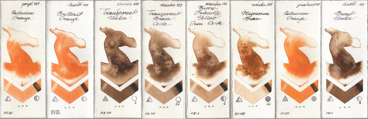 Golden QOR 180 Cadmium Orange, Holbein Artists Watercolor 047 Brilliant Orange, Shminke Horadam Aquarell 671 Transparent Umber, Daniel Smith 129 Transparent Brown Oxide, 176 Enviro-Friendly Yellow Iron Oxide, Winsor & Newton Professional 381 Magnesuim Brown, M. Graham & Co. Artists 038 Cadmium Orange, 133 Burnt Umb watercolor swatch