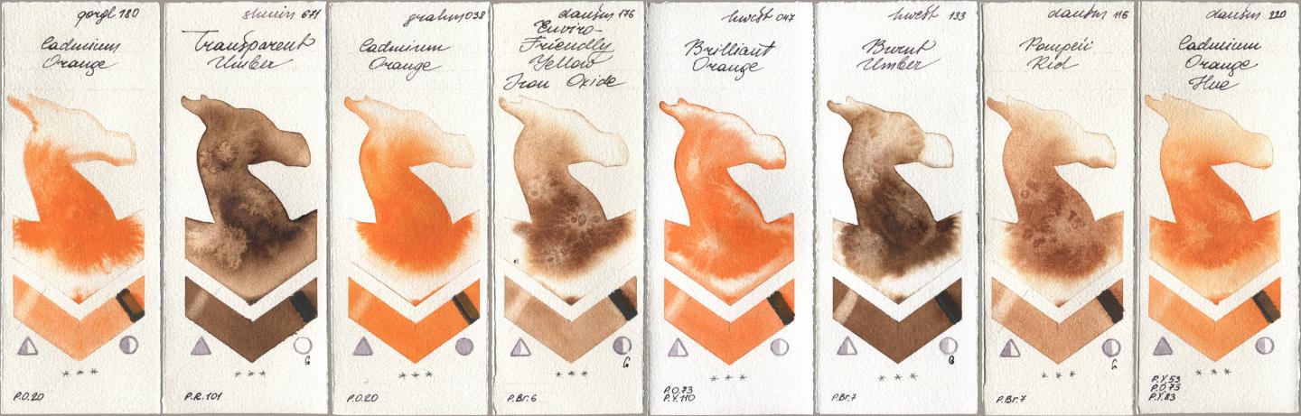Golden QOR 180 Cadmium Orange, Shminke Horadam Aquarell 671 Transparent Umber, M. Graham & Co. Artists 038 Cadmium Orange, Daniel Smith 176 Enviro-Friendly Yellow Iron Oxide, Holbein Artists Watercolor 047 Brilliant Orange, 133 Burnt Umber, 116 Pompeii Red, 220 Cadmium Orange H watercolor swatch
