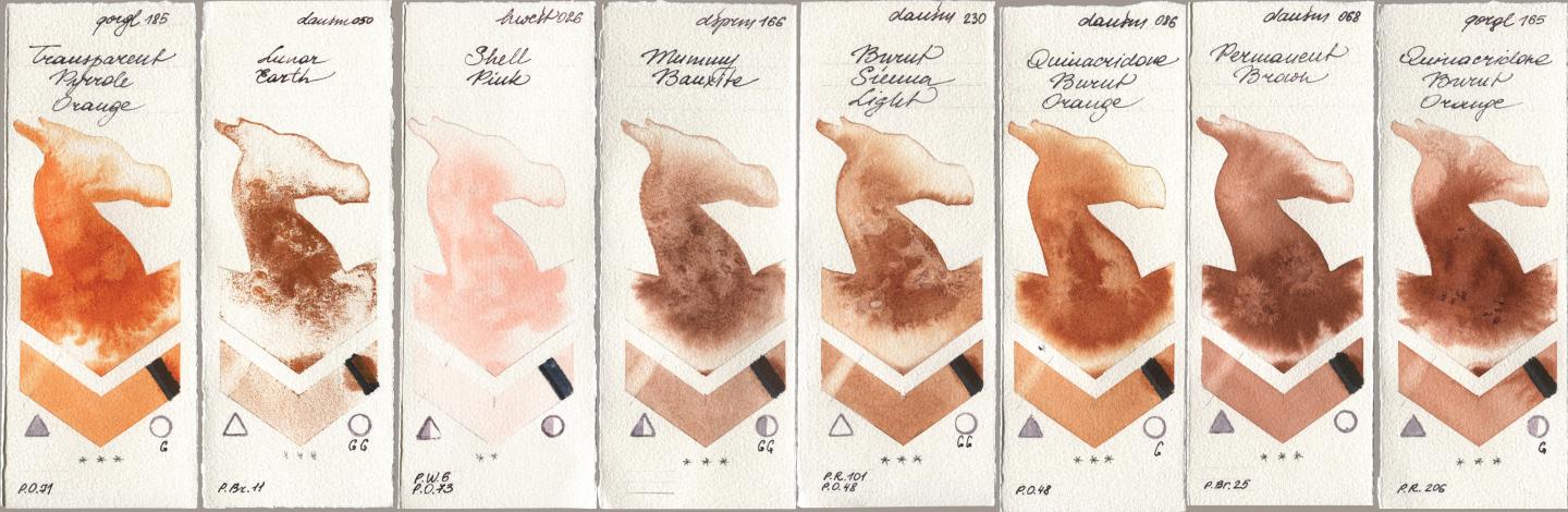 Golden QOR 185 Transparent Pyrrole Orange, Daniel Smith 050 Lunar Earth, Holbein Artists Watercolor 026 Shell Pink, 166 Mummy Bauxite, 230 Burnt Sienna Light, 086 Quinacridone Burnt Orange, 068 Permanent Brown, 165 Quinacridone Burnt Oran watercolor swatch
