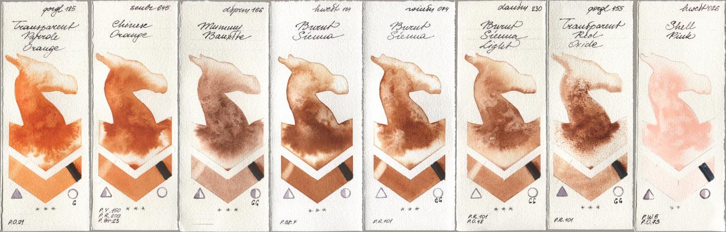 Golden QOR 185 Transparent Pyrrole Orange, Sennelier l Aquarelle 645 Chinese Orange, Daniel Smith 166 Mummy Bauxite, Holbein Artists Watercolor 134 Burnt Sienna, Winsor & Newton Professional 074 Burnt Sienna, 230 Burnt Sienna Light, 455 Transparent Red Oxide, 026 Shell Pi watercolor swatch