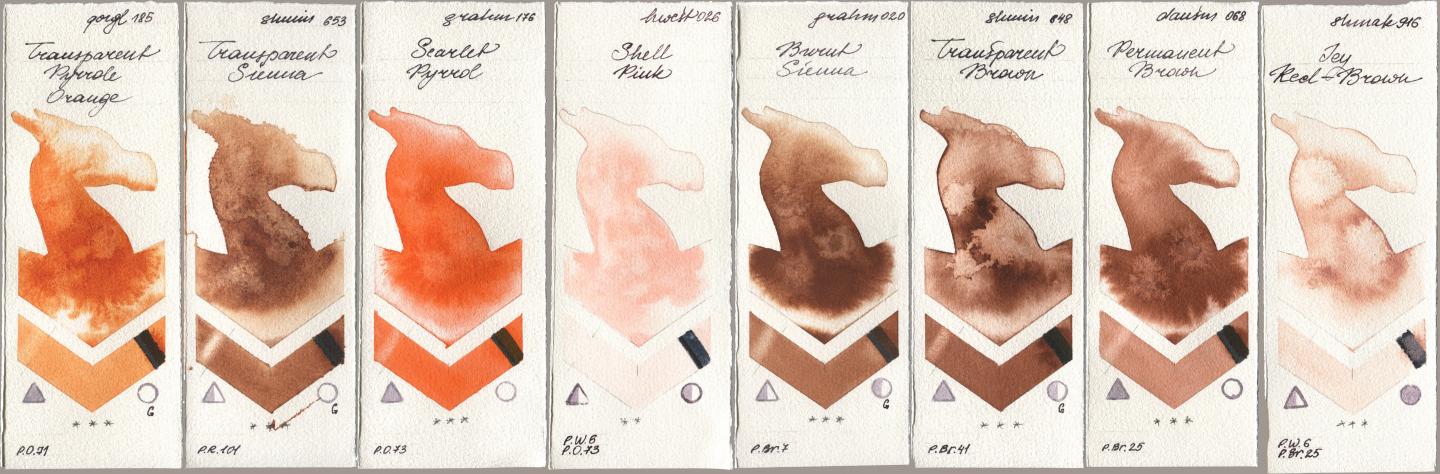 Golden QOR 185 Transparent Pyrrole Orange, Shminke Horadam Aquarell 653 Transparent Sienna, M. Graham & Co. Artists 176 Scarlet Pyrrol, Holbein Artists Watercolor 026 Shell Pink, 020 Burnt Sienna, 648 Transparent Brown, Daniel Smith 068 Permanent Brown, Shminke Akademie Aquarell 916 Icy Red-Bro watercolor swatch