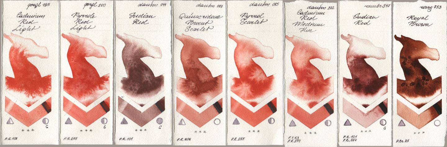 Golden QOR 195 Cadmium Red Light, 200 Pyrrole Red Light, Daniel Smith 044 Indian Red, 087 Quinacridone Burnt Scarlet, 085 Pyrrol Scarlet, 222 Cadmium Red Medium Hue, Royal Talens Rembrandt Watercolour 347 Indian Red, Rosa Gallery 753 Royal Bro watercolor swatch