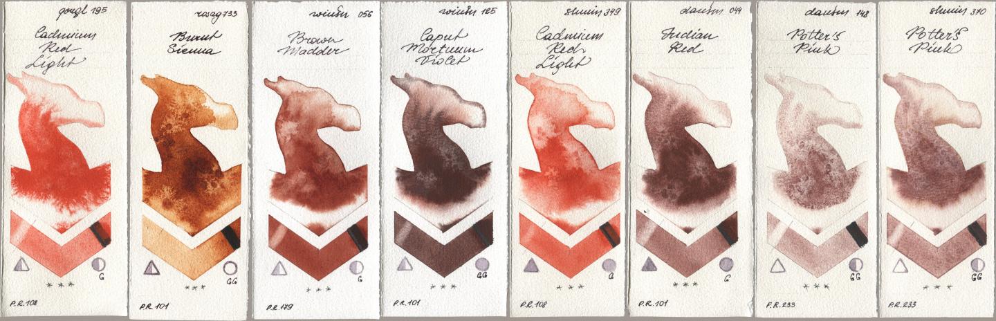 Golden QOR 195 Cadmium Red Light, Rosa Gallery 733 Burnt Sienna, Winsor & Newton Professional 056 Brown Madder, 125 Caput Mortuum Violet, Shminke Horadam Aquarell 349 Cadmium Red Light, Daniel Smith 044 Indian Red, 148 Potters Pink, 370 Potters Pi watercolor swatch