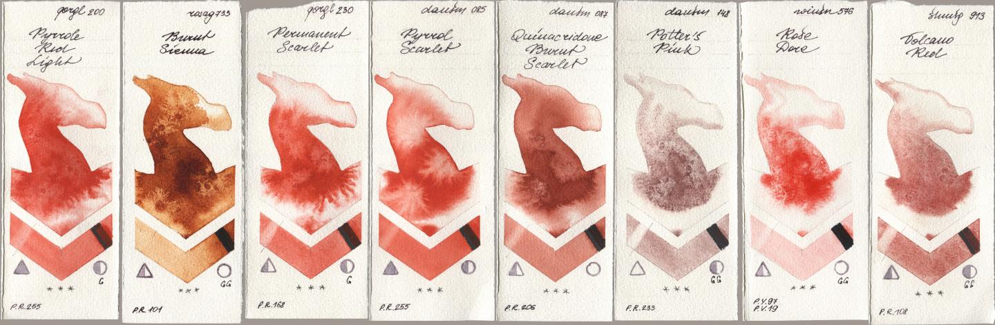 Golden QOR 200 Pyrrole Red Light, Rosa Gallery 733 Burnt Sienna, 230 Permanent Scarlet, Daniel Smith 085 Pyrrol Scarlet, 087 Quinacridone Burnt Scarlet, 148 Potters Pink, Winsor & Newton Professional 576 Rose Dore, Shminke Horadam Aquarell 913 Volcano R watercolor swatch