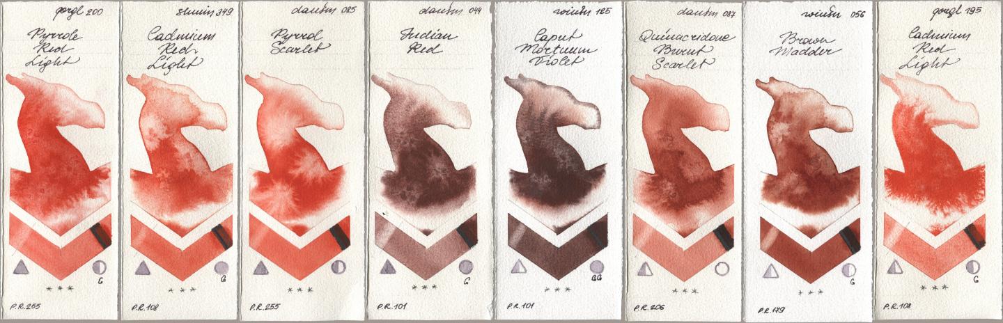 Golden QOR 200 Pyrrole Red Light, Shminke Horadam Aquarell 349 Cadmium Red Light, Daniel Smith 085 Pyrrol Scarlet, 044 Indian Red, Winsor & Newton Professional 125 Caput Mortuum Violet, 087 Quinacridone Burnt Scarlet, 056 Brown Madder, 195 Cadmium Red Lig watercolor swatch