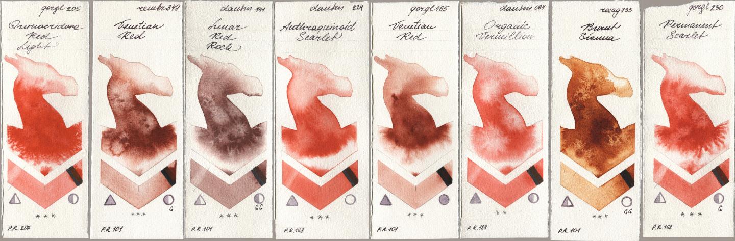 Golden QOR 205 Quinacridone Red Light, Royal Talens Rembrandt Watercolour 349 Venerian Red, Daniel Smith 141 Lunar Red Rock, 224 Anthraquinoid Scarlet, 465 Venetian Red, 064 Organic Vermilion, Rosa Gallery 733 Burnt Sienna, 230 Permanent Scarl watercolor swatch