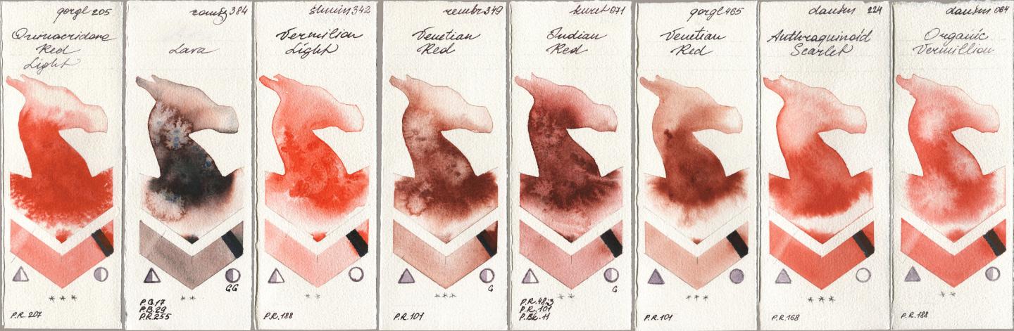 Golden QOR 205 Quinacridone Red Light, Roman Szmal Aquarius 384 Lava, Shminke Horadam Aquarell 342 Vermilion Light, Royal Talens Rembrandt Watercolour 349 Venerian Red, Kuretake Gansai Tambi 071 Indian Red, 465 Venetian Red, Daniel Smith 224 Anthraquinoid Scarlet, 064 Organic Vermili watercolor swatch