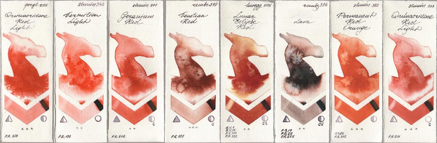 Golden QOR 205 Quinacridone Red Light, Shminke Horadam Aquarell 342 Vermilion Light, 341 Geranium Red, Royal Talens Rembrandt Watercolour 349 Venerian Red, Holbein Artists Watercolor 505 Lunar Eclipse Red, Roman Szmal Aquarius 384 Lava, 360 Permanent Red Orange, 343 Quinacridone Red Lig watercolor swatch
