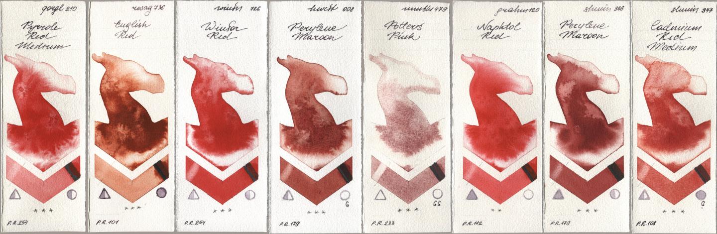 Golden QOR 210 Pyrrole Red Medium, Rosa Gallery 736 English Red, Winsor & Newton Professional 726 Winsor Red, Holbein Artists Watercolor 008 Perylene Maroon, Maimeri Blu 479 Potters Pink, M. Graham & Co. Artists 120 Naphthol Red, Shminke Horadam Aquarell 366 Perylene Maroon, 347 Cadmium Red Medi watercolor swatch