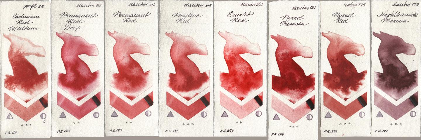 Golden QOR 215 Cadmium Red Medium, Daniel Smith 069 Permanent Red Deep, 072 Permanent Red, 075 Perylene Red, Shminke Horadam Aquarell 363 Scarlet Red, 127 Pyrrol Crimson, Rosa Gallery 775 Pyrrole Red, 059 Naphthamide Maro watercolor swatch
