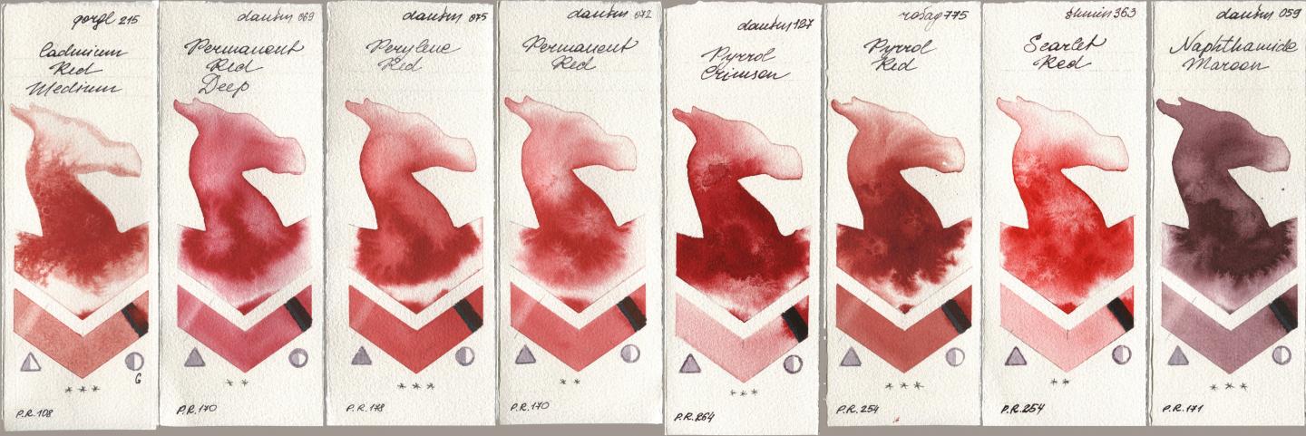 Golden QOR 215 Cadmium Red Medium, Daniel Smith 069 Permanent Red Deep, 075 Perylene Red, 072 Permanent Red, 127 Pyrrol Crimson, Rosa Gallery 775 Pyrrole Red, Shminke Horadam Aquarell 363 Scarlet Red, 059 Naphthamide Maro watercolor swatch