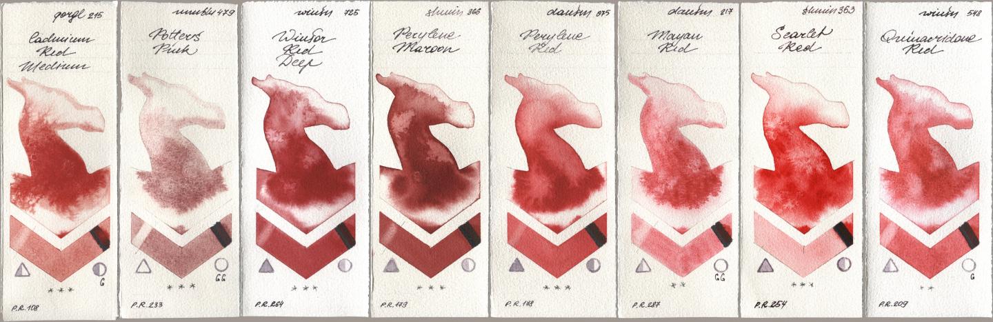 Golden QOR 215 Cadmium Red Medium, Maimeri Blu 479 Potters Pink, Winsor & Newton Professional 725 Winsor Red Deep, Shminke Horadam Aquarell 366 Perylene Maroon, Daniel Smith 075 Perylene Red, 217 Mayan Red, 363 Scarlet Red, 548 Quinacridone R watercolor swatch