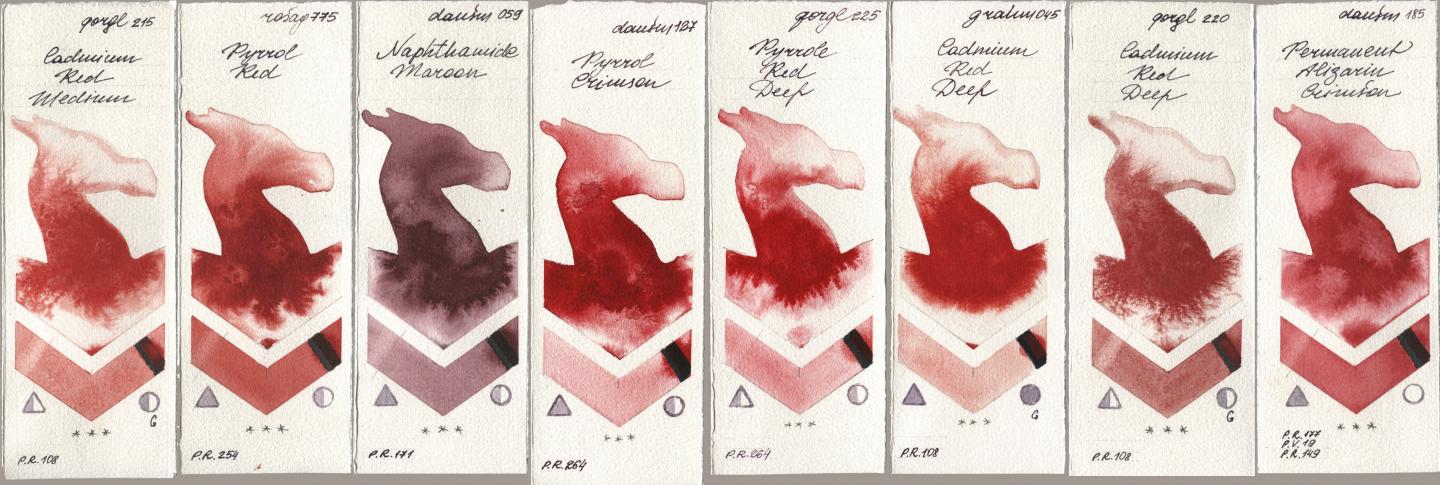 Golden QOR 215 Cadmium Red Medium, Rosa Gallery 775 Pyrrole Red, Daniel Smith 059 Naphthamide Maroon, 127 Pyrrol Crimson, 225 Pyrrole Red Deep, M. Graham & Co. Artists 045 Cadmium Red Deep, 220 Cadmium Red Deep, 185 Permanent Alizarin Crims watercolor swatch