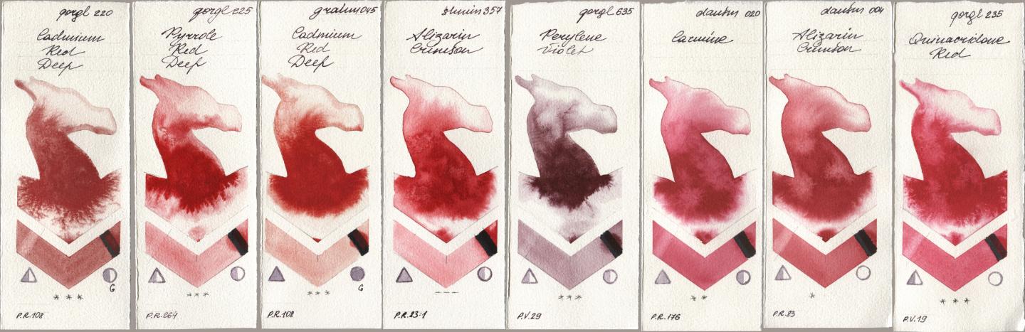 Golden QOR 220 Cadmium Red Deep, 225 Pyrrole Red Deep, M. Graham & Co. Artists 045 Cadmium Red Deep, Shminke Horadam Aquarell 357 Alizarin Crimson, 635 Perylene Violet, Daniel Smith 020 Carmine, 004 Alizarin Crimson, 235 Quinacridone R watercolor swatch