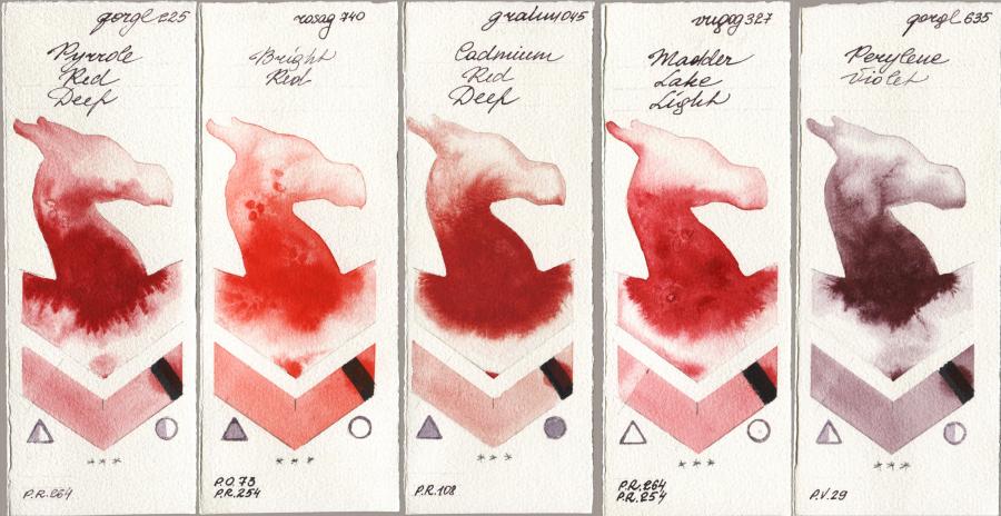 Golden QOR 225 Pyrrole Red Deep vs Rosa Gallery 740 Bright Red vs M. Graham & Co. Artists 045 Cadmium Red Deep vs Royal Talens Van Gogh Watercolour 327 Madder Lake Light vs 635 Perylene Violet watercolor swatch