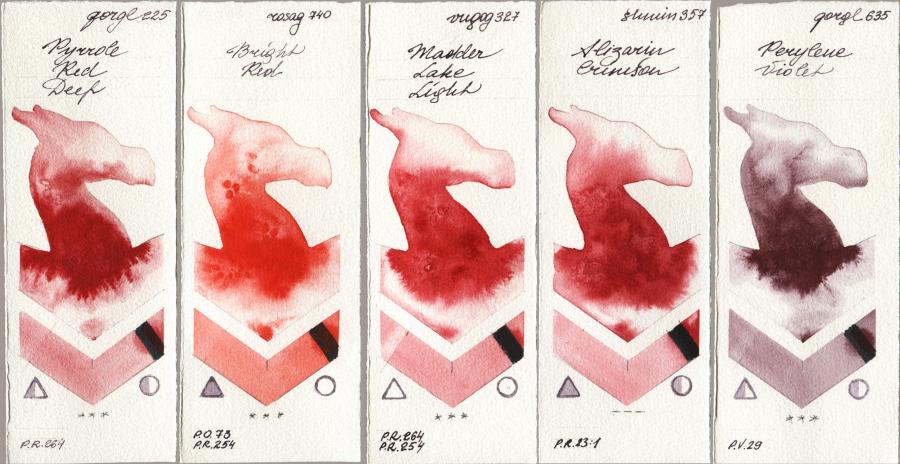 Golden QOR 225 Pyrrole Red Deep vs Rosa Gallery 740 Bright Red vs Royal Talens Van Gogh Watercolour 327 Madder Lake Light vs Shminke Horadam Aquarell 357 Alizarin Crimson vs 635 Perylene Violet watercolor swatch