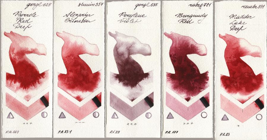 Golden QOR 225 Pyrrole Red Deep vs Shminke Horadam Aquarell 357 Alizarin Crimson vs 635 Perylene Violet vs Rosa Gallery 781 Burgundy Red vs Royal Talens Rembrandt Watercolour 331 Madder Lake Deep watercolor swatch