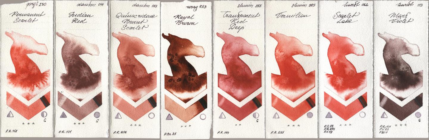 Golden QOR 230 Permanent Scarlet, Daniel Smith 044 Indian Red, 087 Quinacridone Burnt Scarlet, Rosa Gallery 753 Royal Brown, Shminke Horadam Aquarell 355 Transparent Red Deep, 365 Vermilion, Holbein Artists Watercolor 022 Scarlet Lake, 113 Mars Viol watercolor swatch