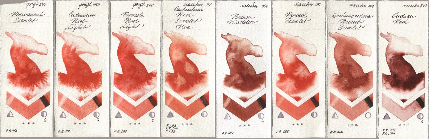 Golden QOR 230 Permanent Scarlet, 195 Cadmium Red Light, 200 Pyrrole Red Light, Daniel Smith 219 Cadmium Red Scarlet Hue, Winsor & Newton Professional 056 Brown Madder, 085 Pyrrol Scarlet, 087 Quinacridone Burnt Scarlet, Royal Talens Rembrandt Watercolour 347 Indian R watercolor swatch