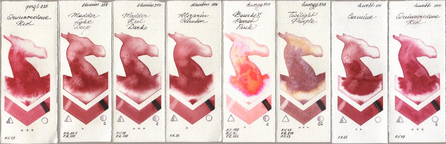 Golden QOR 235 Quinacridone Red, Shminke Horadam Aquarell 358 Madder Lake Deep, 354 Madder Red Dark, Daniel Smith 004 Alizarin Crimson, Holbein Artists Watercolor 501 Bourkes Parrot Pink, 543 Twilight Purple, 011 Carmine, 005 Quinacridone R watercolor swatch