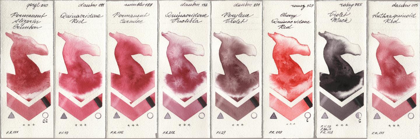 Golden QOR 240 Permanent Alizarin Crimson, Daniel Smith 091 Quinacridone Red, Maimeri Blu 167 Permanent Carmine, 132 Quinacridone Fuchsia, 201 Perylene Violet, Roman Szmal Aquarius 329 Cherry Quinacridone Red, Rosa Gallery 765 Violet Black, 005 Anthraquinoid R watercolor swatch