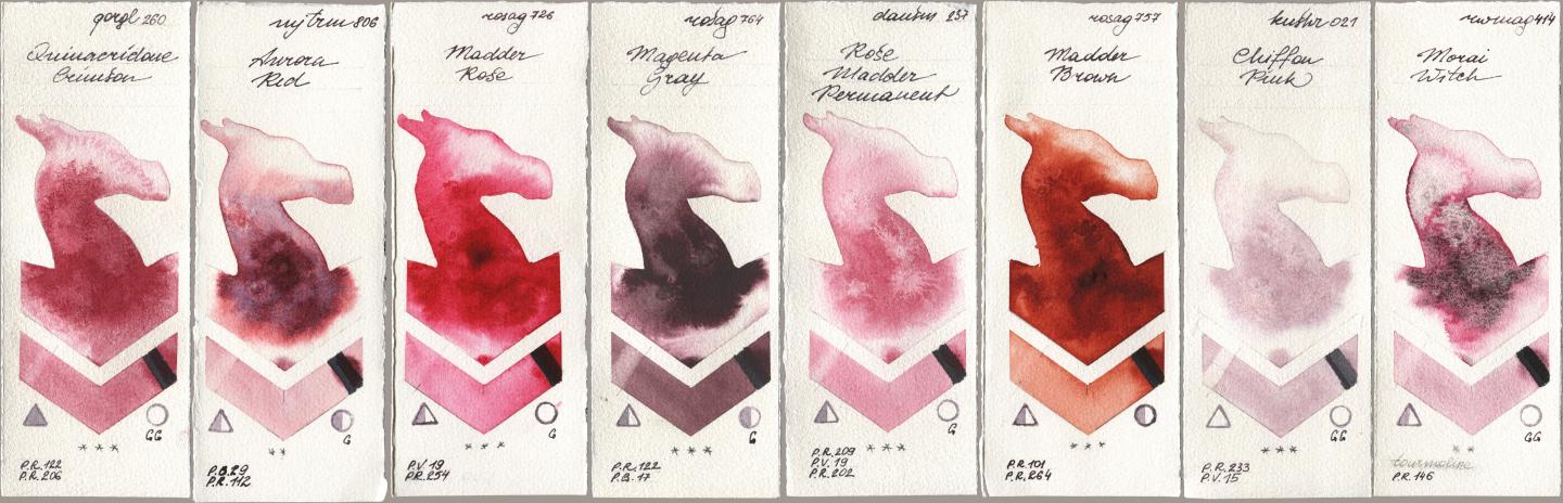 Golden QOR 260 Quinacridone Crimson, Mijello Mission Gold 806 Aurora Red, Rosa Gallery 726 Madder Rose, 764 Magenta Gray, Daniel Smith 237 Rose Madder Permanent, 757 Madder Brown, Kusakabe 021 Chiffon Pink, Rockwell 414 Morai Wit watercolor swatch