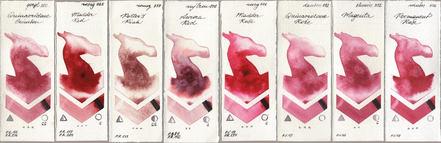 Golden QOR 260 Quinacridone Crimson, Rosa Gallery 725 Madder Red, Roman Szmal Aquarius 359 Potters Pink, Mijello Mission Gold 806 Aurora Red, 726 Madder Rose, Daniel Smith 092 Quinacridone Rose, Shminke Horadam Aquarell 352 Magenta, Winsor & Newton Professional 502 Permanent Ro watercolor swatch