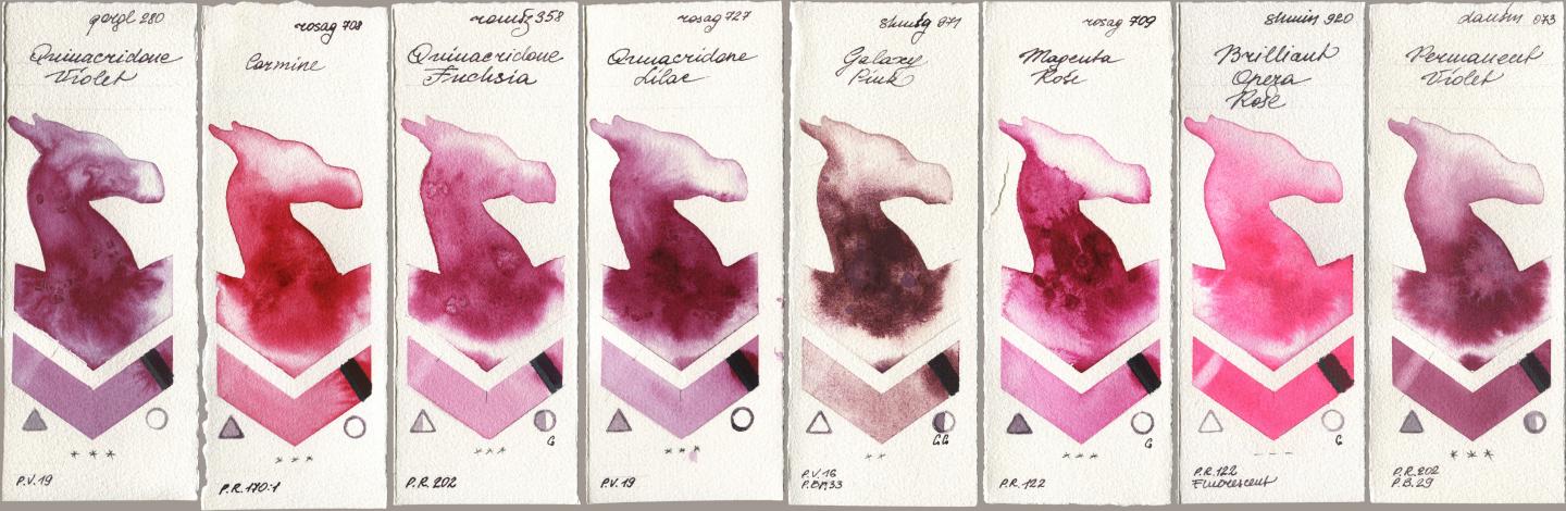 Golden QOR 280 Quinacridone Violet, Rosa Gallery 708 Carmine, Roman Szmal Aquarius 358 Quinacridone Fuchsia, 727 Quinacridone Lilac, Shminke Horadam Aquarell 971 Galaxy Pink, 709 Magenta Rose, 920 Brilliant Opera Rose, Daniel Smith 073 Permanent Viol watercolor swatch