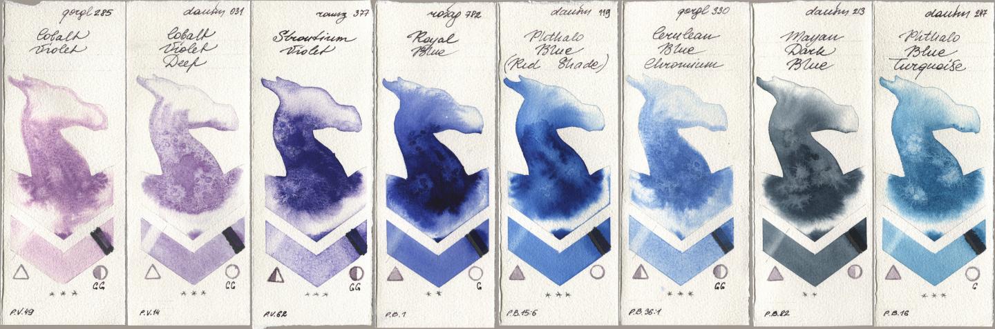 Golden QOR 285 Cobalt Violet, Daniel Smith 031 Cobalt Violet Deep, Roman Szmal Aquarius 377 Strontium Violet, Rosa Gallery 782 Royal Blue, 119 Phthalo Blue (Red Shade), 330 Cerulean Blue, Chromium, 213 Mayan Dark Blue, 247 Phthalo Blue Turquoi watercolor swatch