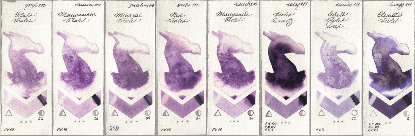 Golden QOR 285 Cobalt Violet, Daniel Smith 261 Manganese Violet, M. Graham & Co. Artists 116 Mineral Violet, Sennelier l Aquarelle 905 Red Violet, Roman Szmal Aquarius 216 Manganese Violet, Rosa Gallery 785 Violet Quartz, 031 Cobalt Violet Deep, Holbein Artists Watercolor 541 Clematis Viol watercolor swatch
