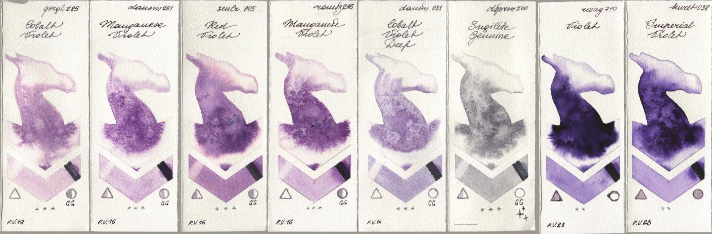Golden QOR 285 Cobalt Violet, Daniel Smith 261 Manganese Violet, Sennelier l Aquarelle 905 Red Violet, Roman Szmal Aquarius 216 Manganese Violet, 031 Cobalt Violet Deep, 200 Sugilite Genuine, Rosa Gallery 710 Violet, Kuretake Gansai Tambi 038 Imperial Viol watercolor swatch