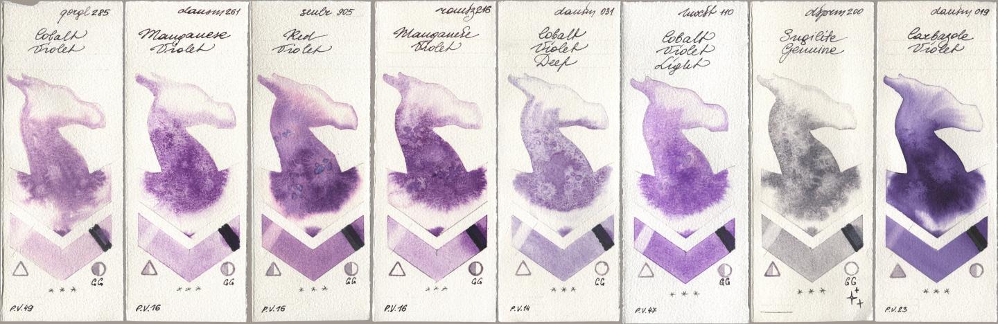 Golden QOR 285 Cobalt Violet, Daniel Smith 261 Manganese Violet, Sennelier l Aquarelle 905 Red Violet, Roman Szmal Aquarius 216 Manganese Violet, 031 Cobalt Violet Deep, Holbein Artists Watercolor 110 Cobalt Violet Light, 200 Sugilite Genuine, 019 Carbazole Viol watercolor swatch